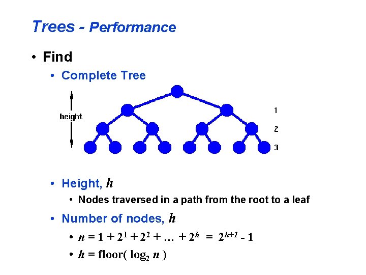 Trees - Performance • Find • Complete Tree • Height, h • Nodes traversed