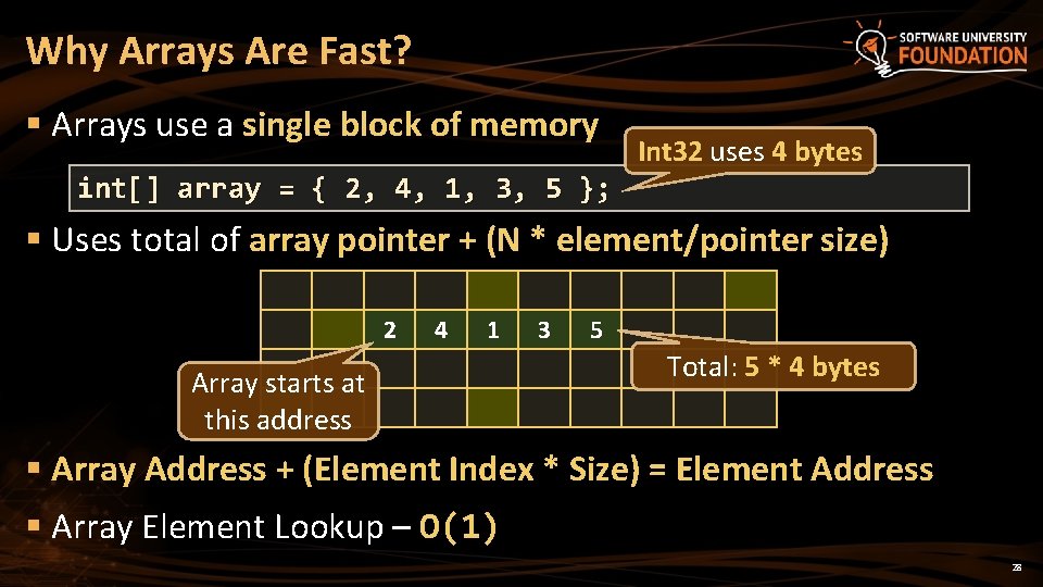 Why Arrays Are Fast? § Arrays use a single block of memory Int 32