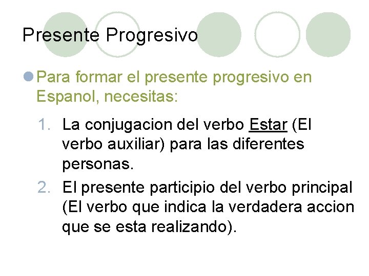 Presente Progresivo l Para formar el presente progresivo en Espanol, necesitas: 1. La conjugacion