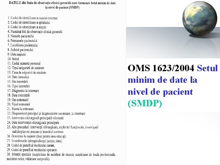 OMS 1623/2004 Setul minim de date la nivel de pacient (SMDP) 