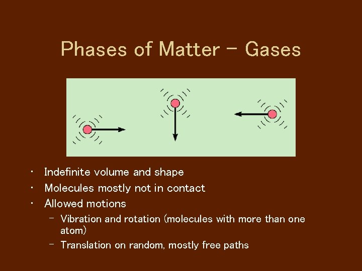 Phases of Matter - Gases • Indefinite volume and shape • Molecules mostly not