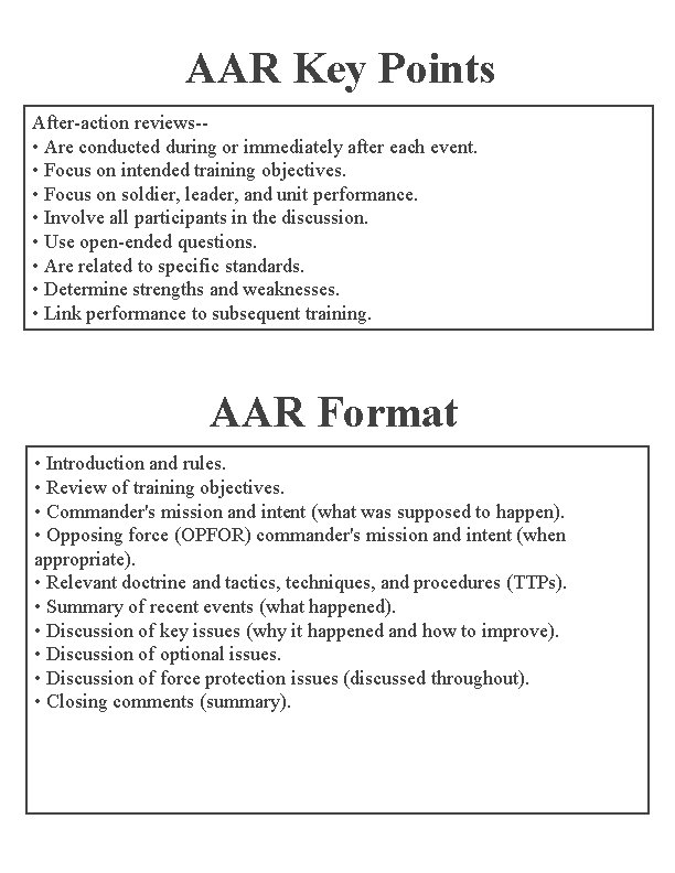 AAR Key Points After-action reviews- • Are conducted during or immediately after each event.