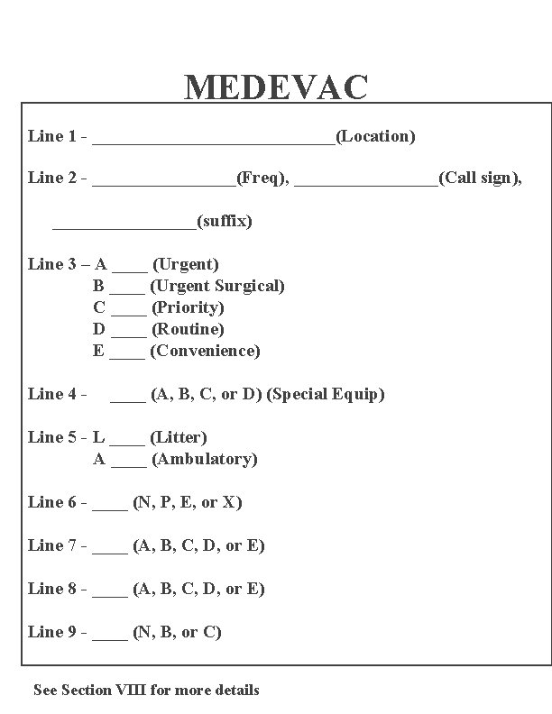 MEDEVAC Line 1 - ______________(Location) Line 2 - ________(Freq), ________(Call sign), ________(suffix) Line 3