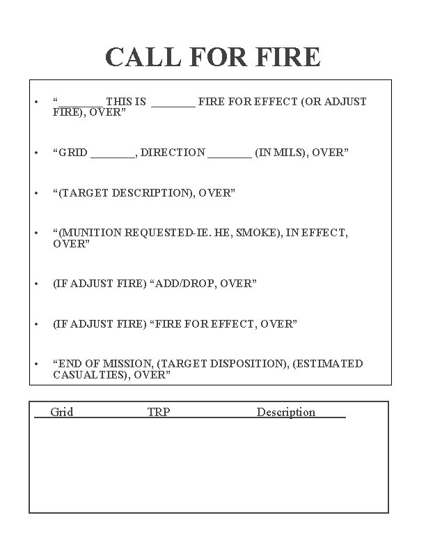 CALL FOR FIRE • “____ THIS IS ____ FIRE FOR EFFECT (OR ADJUST FIRE),