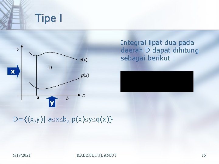 Tipe I Integral lipat dua pada daerah D dapat dihitung sebagai berikut : x