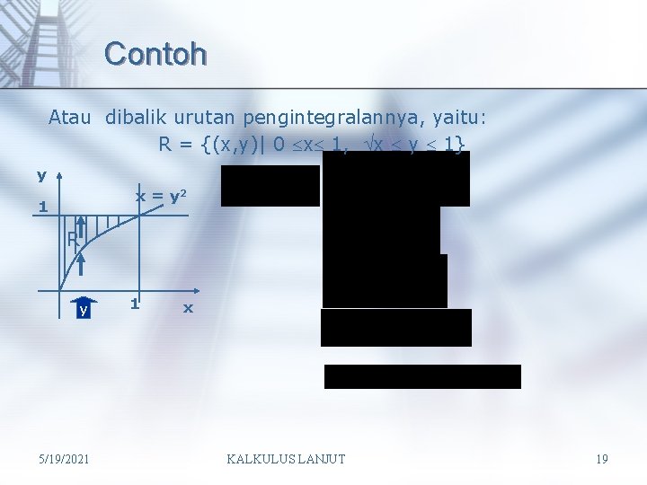 Contoh Atau dibalik urutan pengintegralannya, yaitu: R = {(x, y)| 0 x 1, x