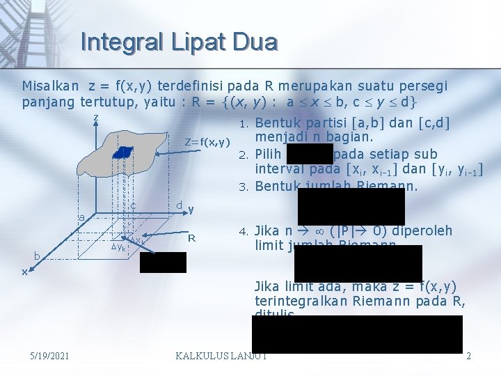 Integral Lipat Dua Misalkan z = f(x, y) terdefinisi pada R merupakan suatu persegi