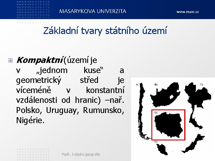 Základní tvary státního území Kompaktní (území je v „jednom kuse“ a geometrický střed je