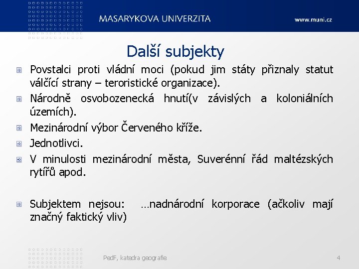 Další subjekty Povstalci proti vládní moci (pokud jim státy přiznaly statut válčící strany –