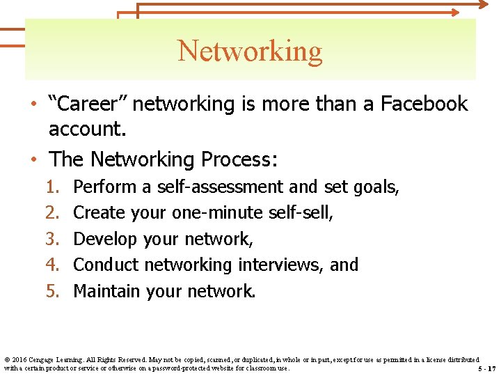 Networking • “Career” networking is more than a Facebook account. • The Networking Process: