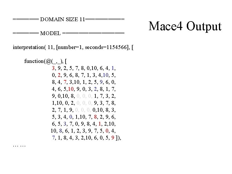 ==== DOMAIN SIZE 11====== MODEL ========== interpretation( 11, [number=1, seconds=1154566], [ function(@(_, _), [