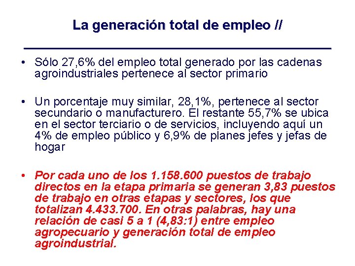 La generación total de empleo // ____________________ • Sólo 27, 6% del empleo total