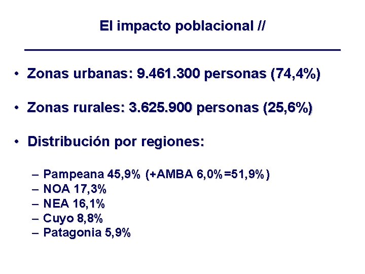 El impacto poblacional // ____________________ • Zonas urbanas: 9. 461. 300 personas (74, 4%)