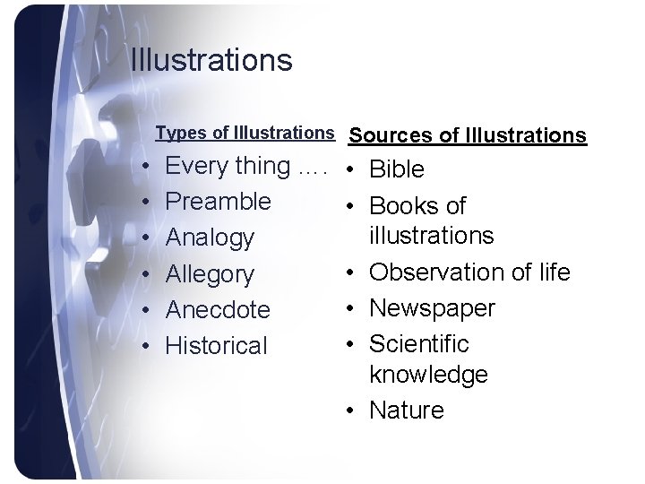 Illustrations Types of Illustrations • • • Every thing …. Preamble Analogy Allegory Anecdote