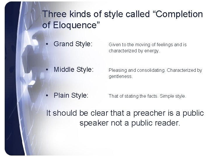 Three kinds of style called “Completion of Eloquence” • Grand Style: Given to the
