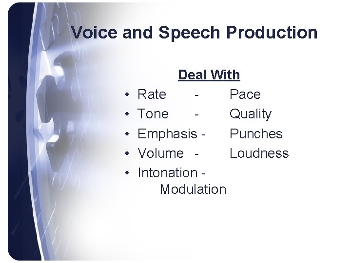 Voice and Speech Production • • • Deal With Rate Pace Tone Quality Emphasis