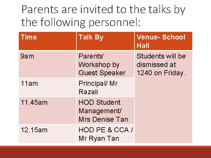 Parents are invited to the talks by the following personnel: Time Talk By 9