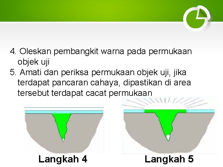 4. Oleskan pembangkit warna pada permukaan objek uji 5. Amati dan periksa permukaan objek