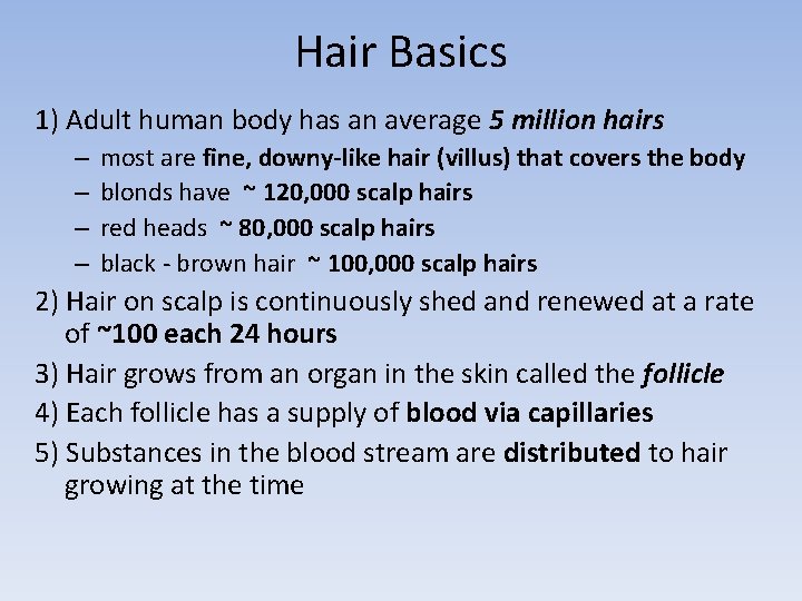 Hair Basics 1) Adult human body has an average 5 million hairs – –