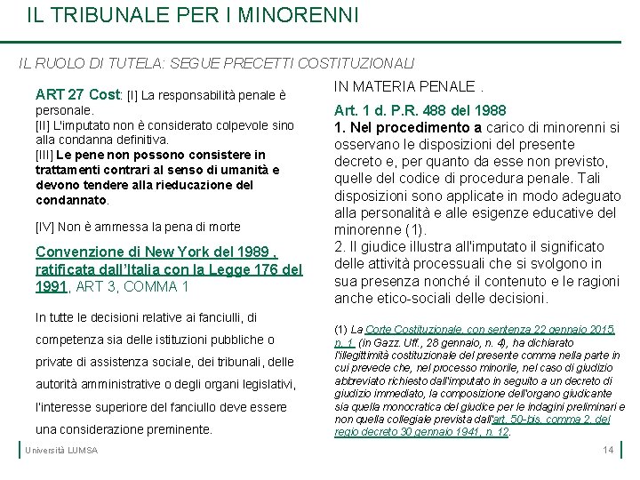 IL TRIBUNALE PER I MINORENNI IL RUOLO DI TUTELA: SEGUE PRECETTI COSTITUZIONALI ART 27