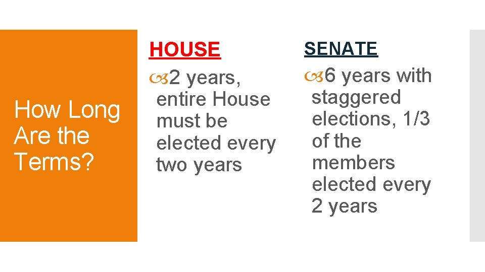 How Long Are the Terms? HOUSE 2 years, entire House must be elected every How Long Are the Terms? HOUSE 2 years, entire House must be elected every
