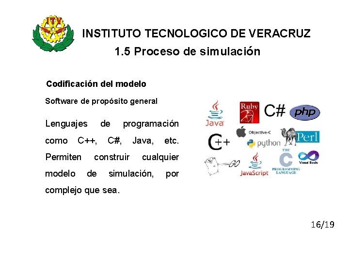 INSTITUTO TECNOLOGICO DE VERACRUZ 1. 5 Proceso de simulación Codificación del modelo Software de