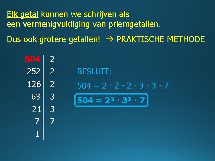 Elk getal kunnen we schrijven als een vermenigvuldiging van priemgetallen. Dus ook grotere getallen!