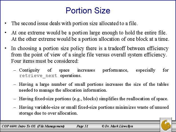 Portion Size • The second issue deals with portion size allocated to a file.