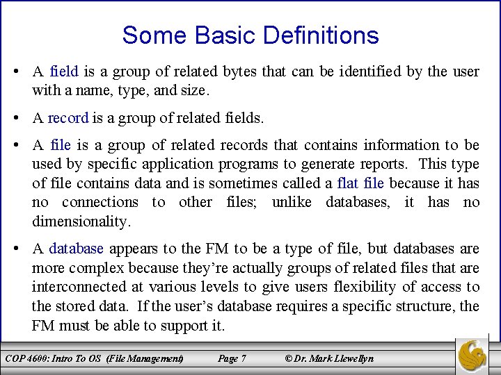 Some Basic Definitions • A field is a group of related bytes that can