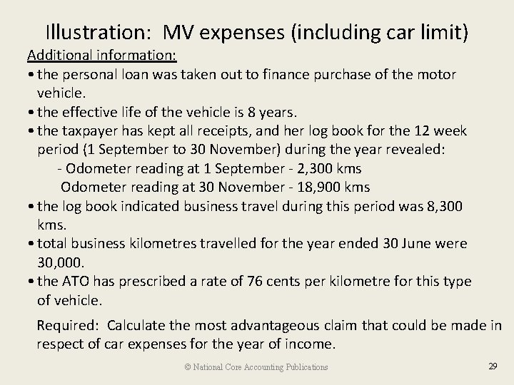 Illustration: MV expenses (including car limit) Additional information: • the personal loan was taken