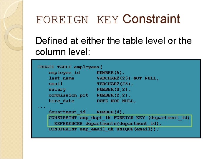 FOREIGN KEY Constraint Defined at either the table level or the column level: CREATE