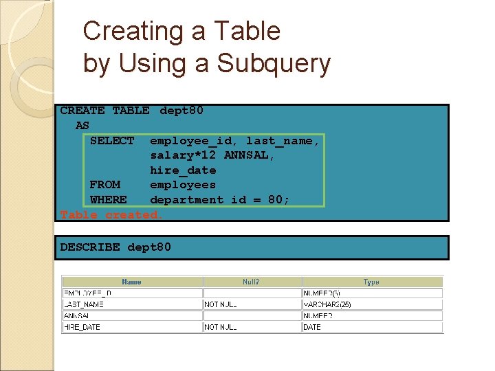Creating a Table by Using a Subquery CREATE TABLE dept 80 AS SELECT employee_id,