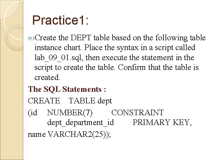 Practice 1: Create the DEPT table based on the following table instance chart. Place