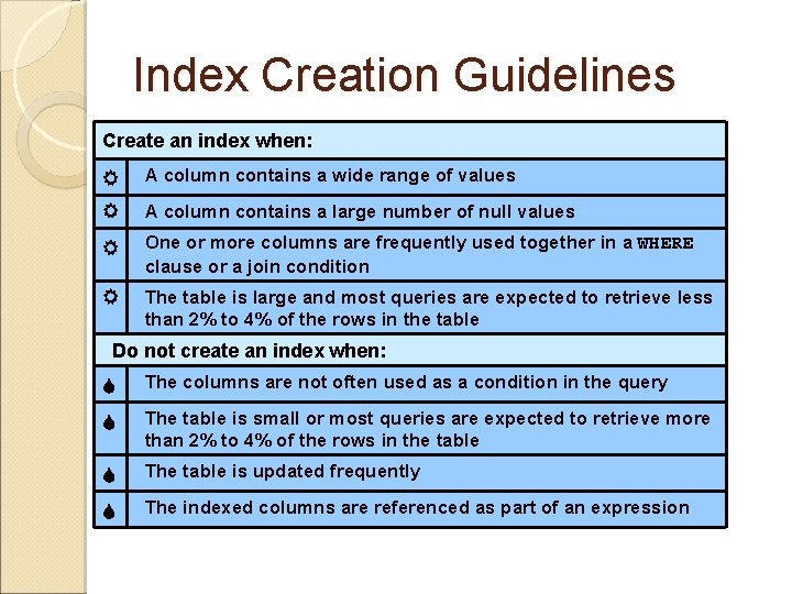 Index Creation Guidelines Create an index when: A column contains a wide range of