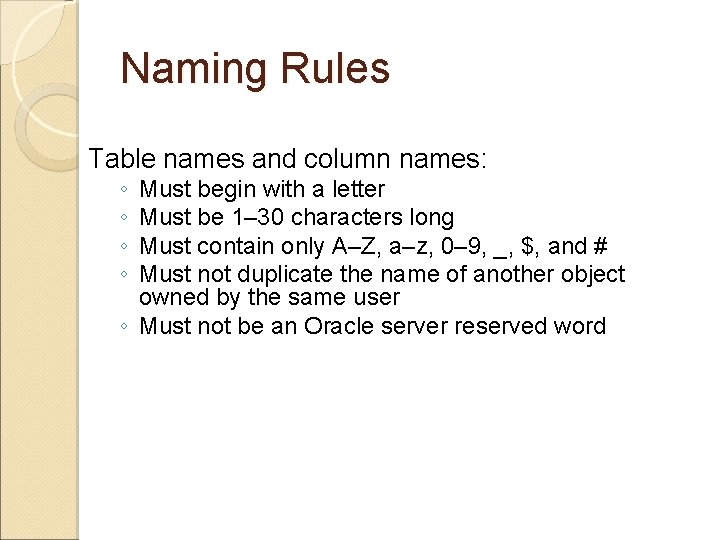 Naming Rules Table names and column names: ◦ ◦ Must begin with a letter