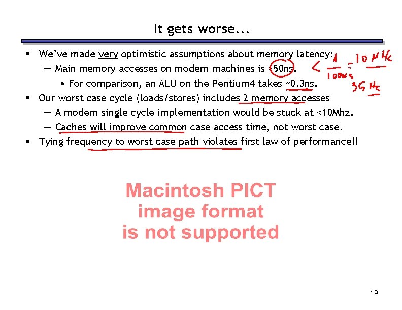 It gets worse. . . § We’ve made very optimistic assumptions about memory latency: