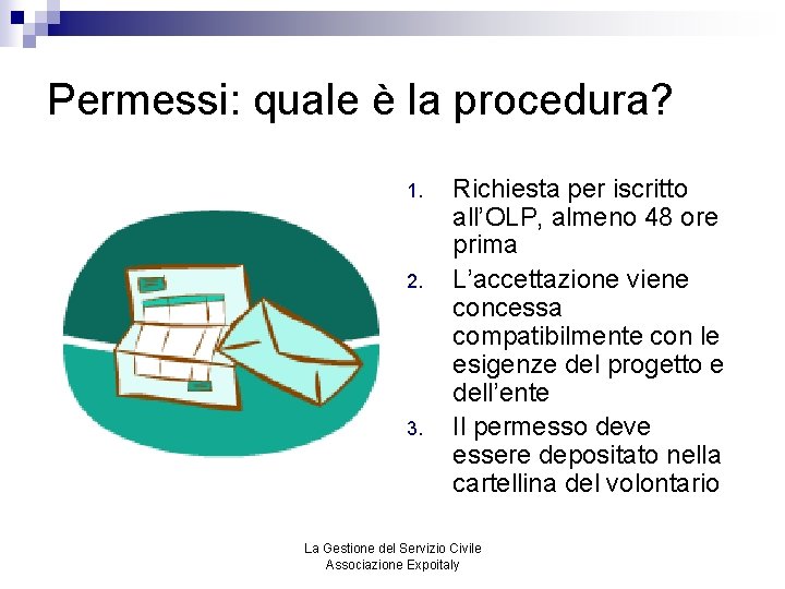 Permessi: quale è la procedura? 1. 2. 3. Richiesta per iscritto all’OLP, almeno 48