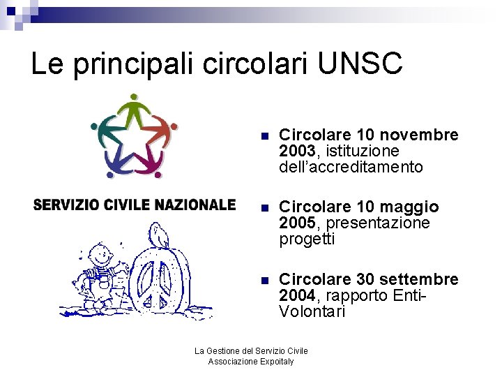 Le principali circolari UNSC n Circolare 10 novembre 2003, istituzione dell’accreditamento n Circolare 10