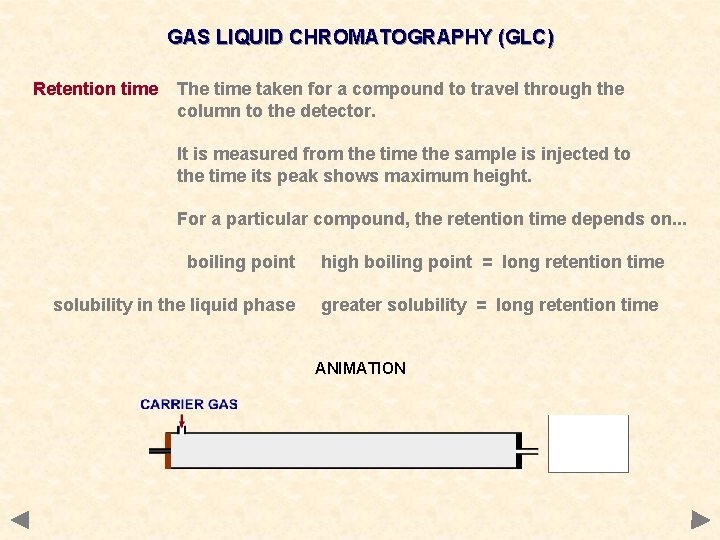 GAS LIQUID CHROMATOGRAPHY (GLC) Retention time The time taken for a compound to travel