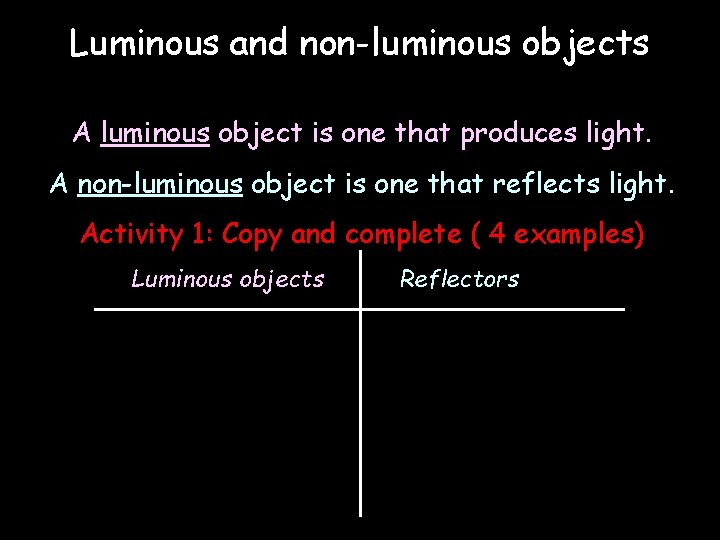 Luminous and non-luminous objects A luminous object is one that produces light. A non-luminous