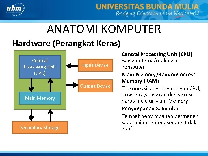 ANATOMI KOMPUTER Hardware (Perangkat Keras) Central Processing Unit (CPU) Input Device Output Device Main