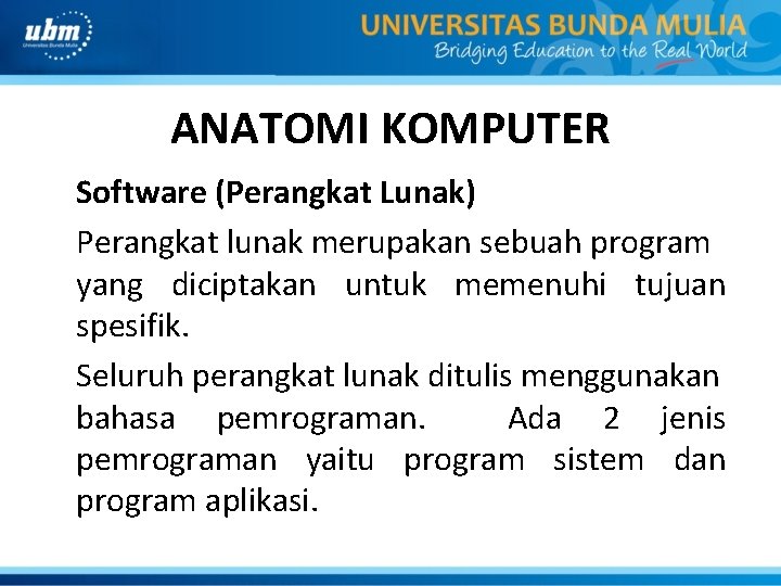 ANATOMI KOMPUTER Software (Perangkat Lunak) Perangkat lunak merupakan sebuah program yang diciptakan untuk memenuhi