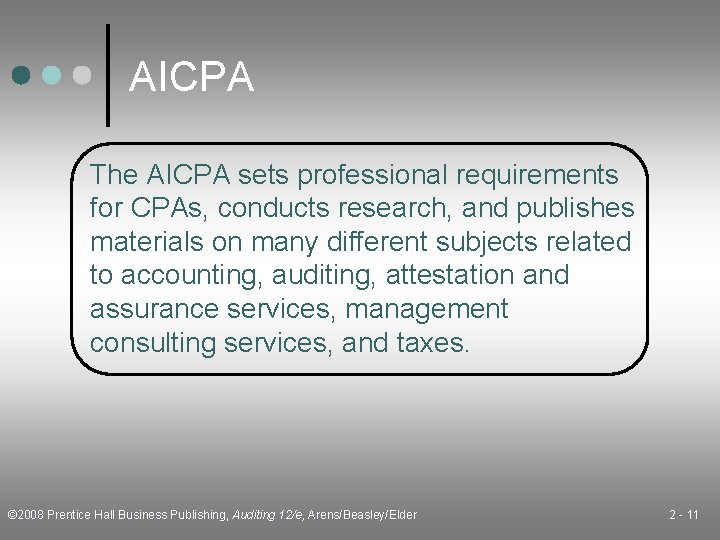 AICPA The AICPA sets professional requirements for CPAs, conducts research, and publishes materials on