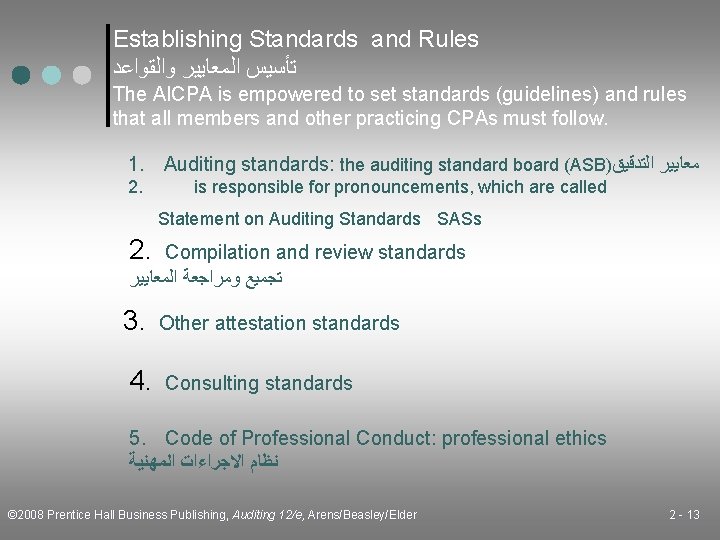 Establishing Standards and Rules ﺗﺄﺴﻴﺲ ﺍﻟﻤﻌﺎﻳﻴﺮ ﻭﺍﻟﻘﻮﺍﻋﺪ The AICPA is empowered to set standards
