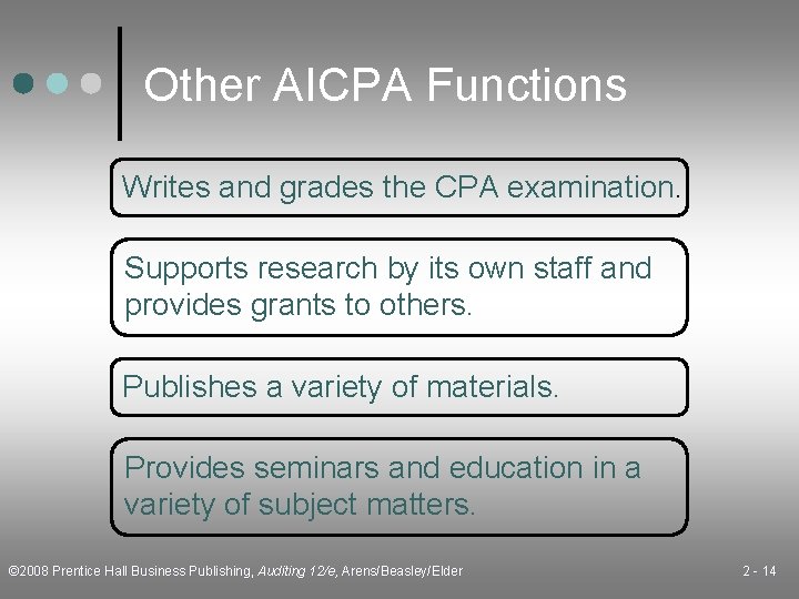 Other AICPA Functions Writes and grades the CPA examination. Supports research by its own