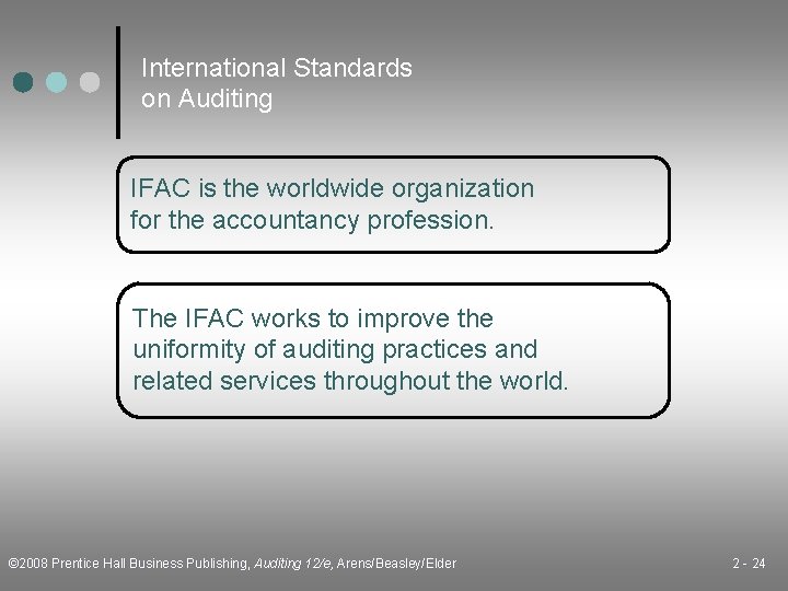 International Standards on Auditing IFAC is the worldwide organization for the accountancy profession. The