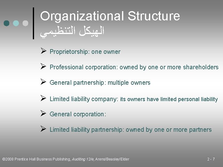 Organizational Structure ﺍﻟﻬﻴﻜﻞ ﺍﻟﺘﻨﻈﻴﻤﻲ Ø Proprietorship: one owner Ø Professional corporation: owned by one