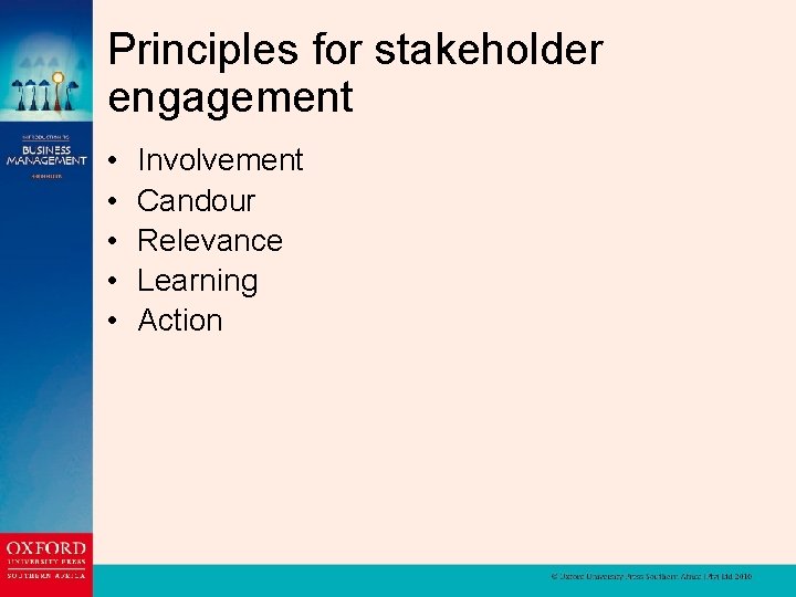 Principles for stakeholder engagement • • • Involvement Candour Relevance Learning Action 