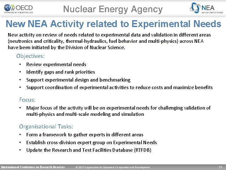 New NEA Activity related to Experimental Needs New activity on review of needs related