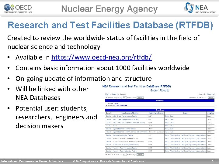 Research and Test Facilities Database (RTFDB) Created to review the worldwide status of facilities